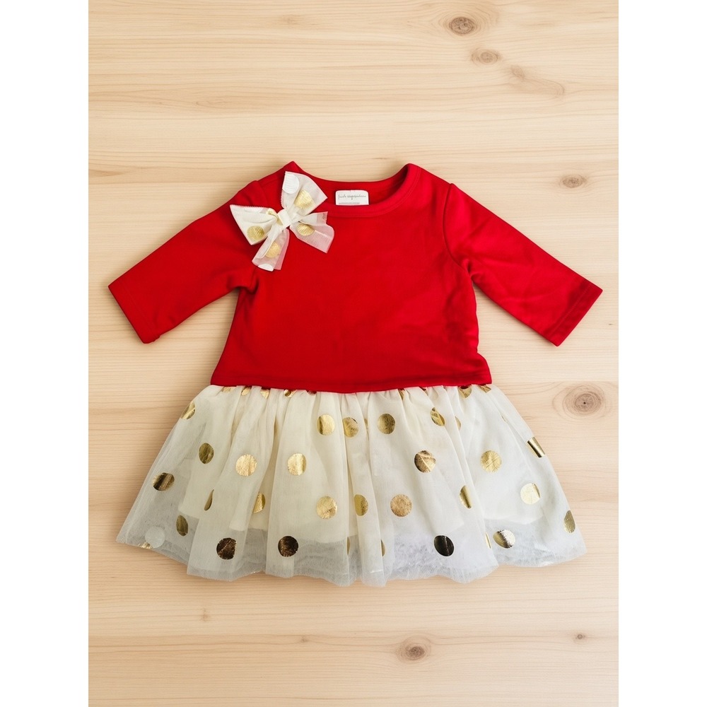 First Impressions Baby Girl 6-9M Red Holiday Dress Gold Polka Dot Tulle